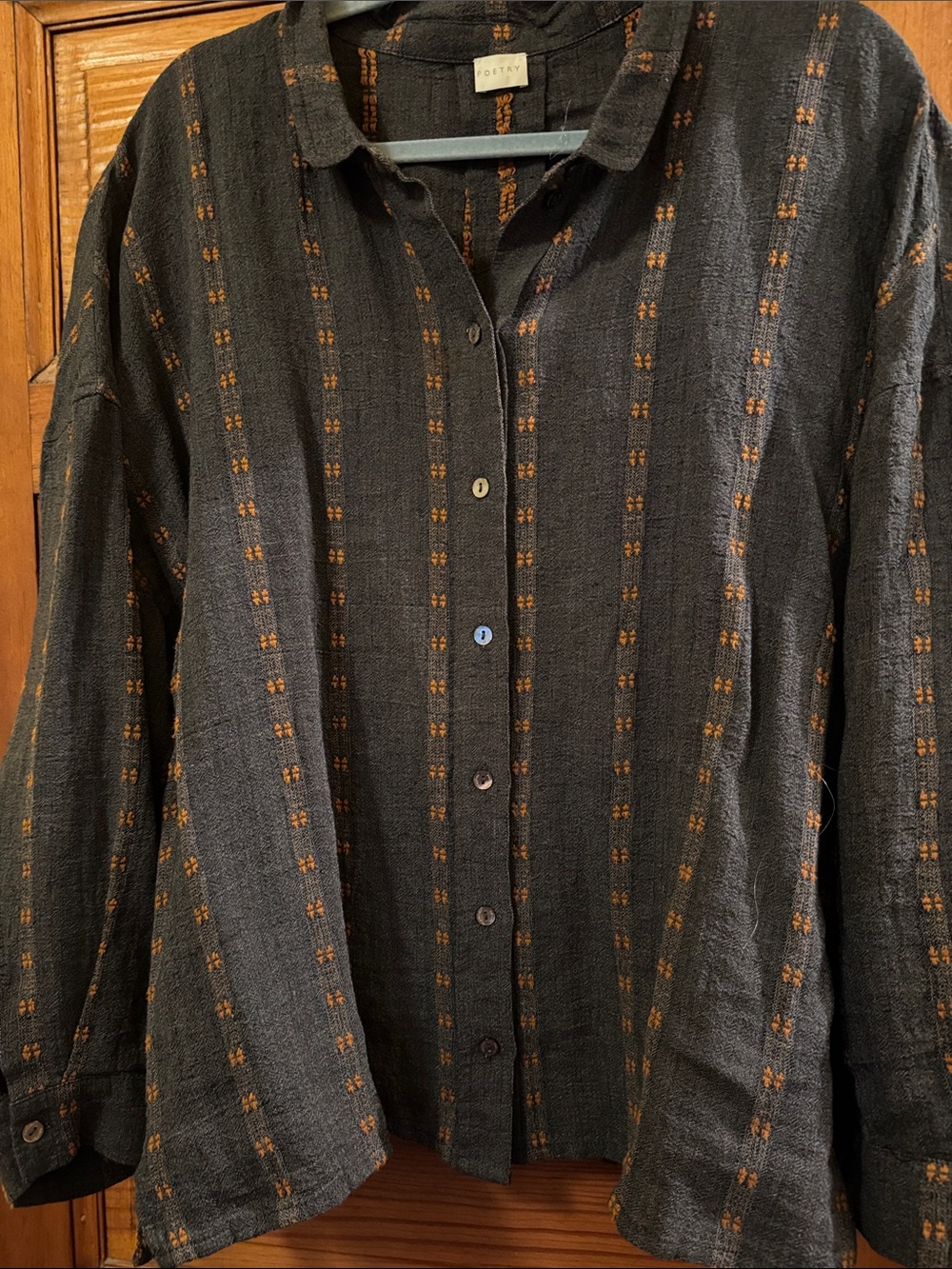 Poetry Black Button-Down Shirt with Rust Stripe Detail